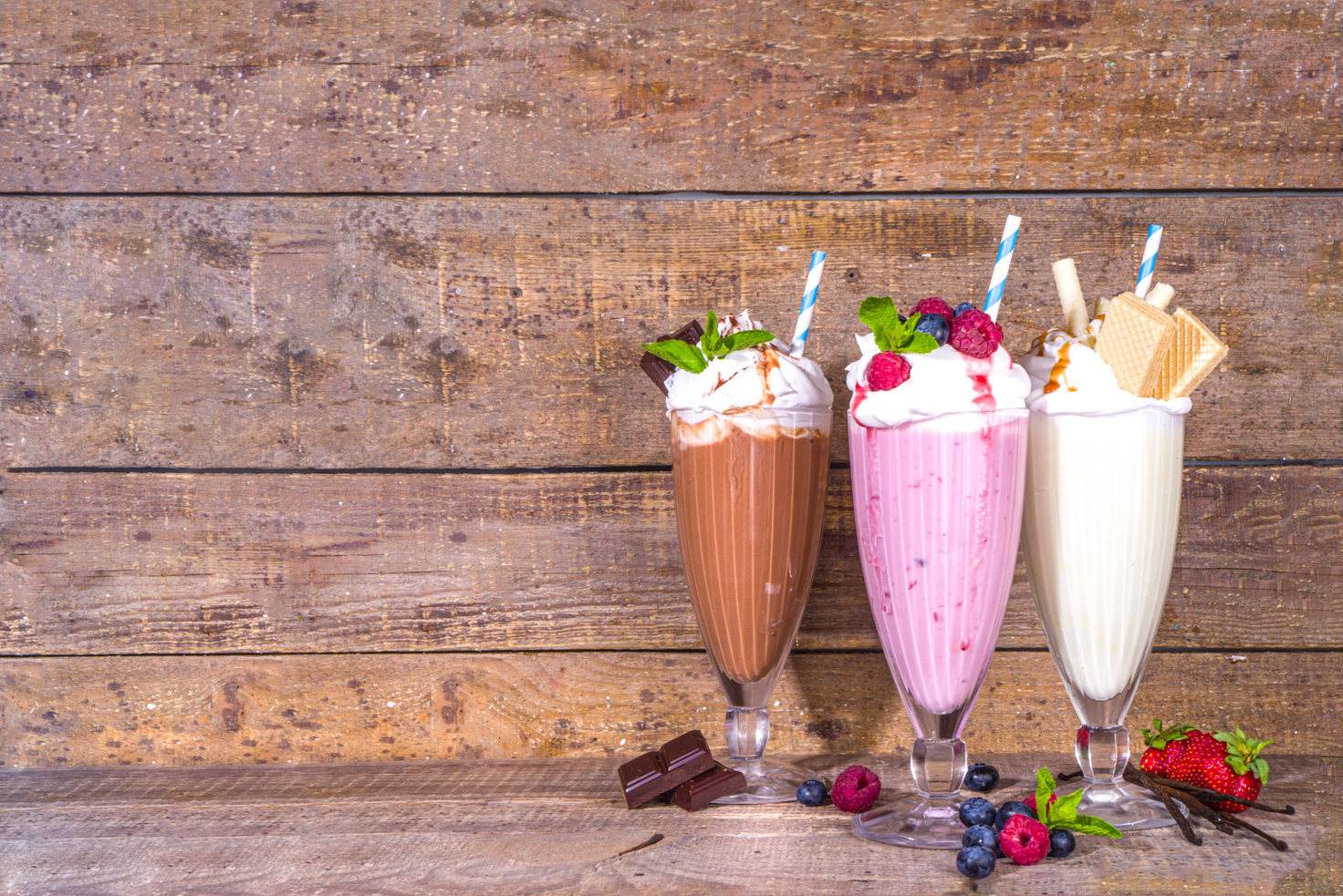 Berry, Vanilla, Chocolate Milkshakes